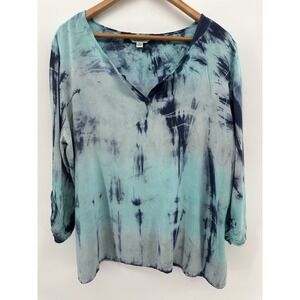 Tantrums Plus 1X Blue Tie Dye Boho Top Flowy Tunic V-Neck 3/4 Sleeve Resort EE52